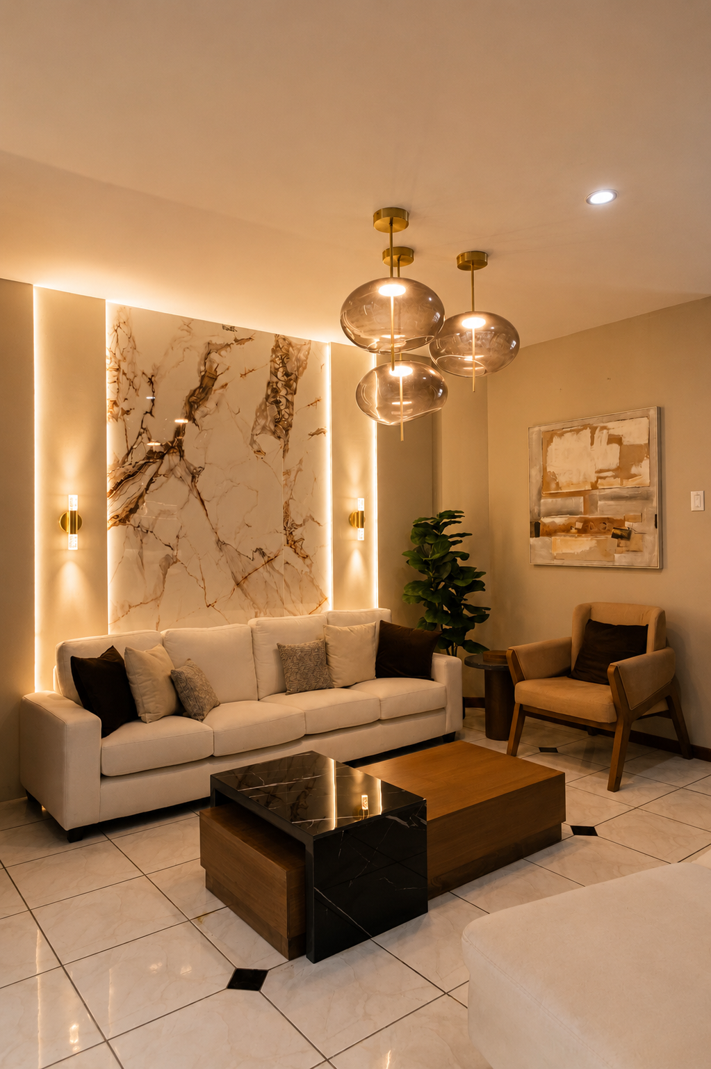 Casa Ámbar — sala con revestimiento marmoleado e iluminación indirecta