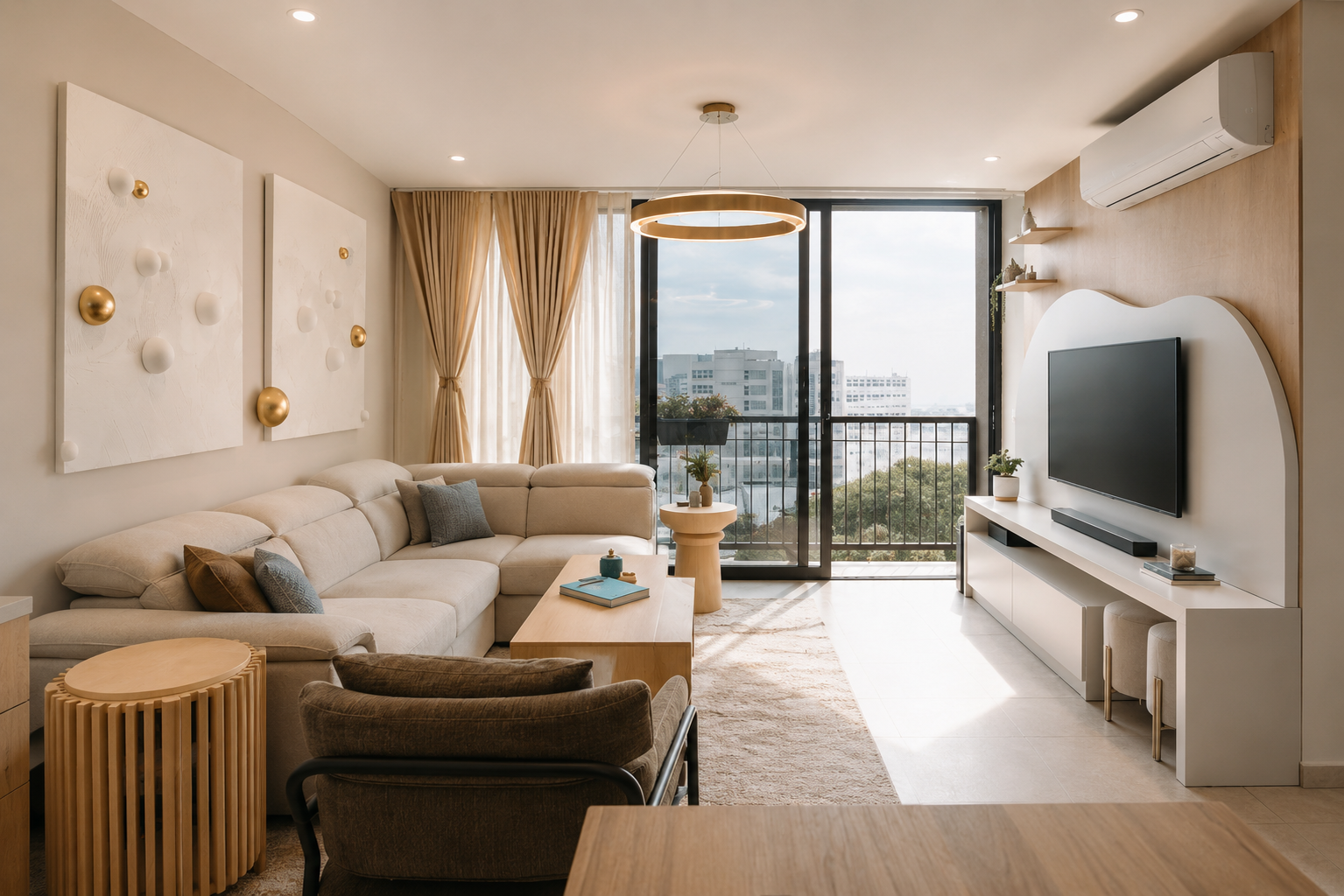 Áurea — vista general de la sala con sofá en L y mueble de TV curvo
