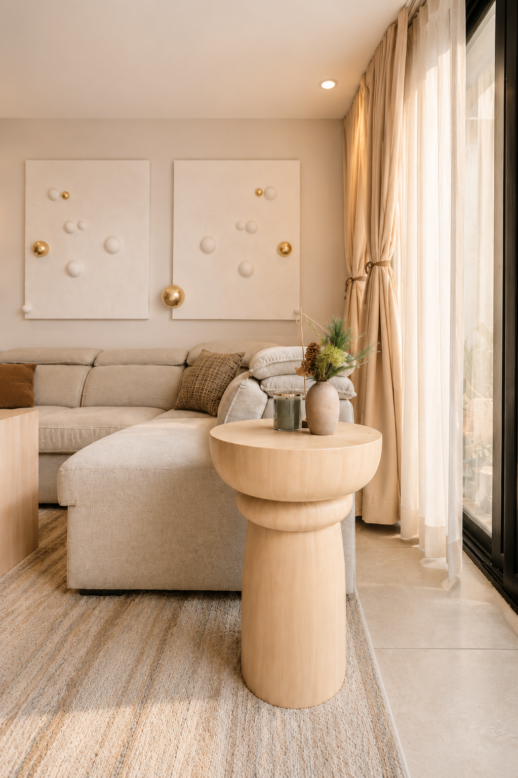 Áurea — mesa auxiliar de madera clara junto al ventanal